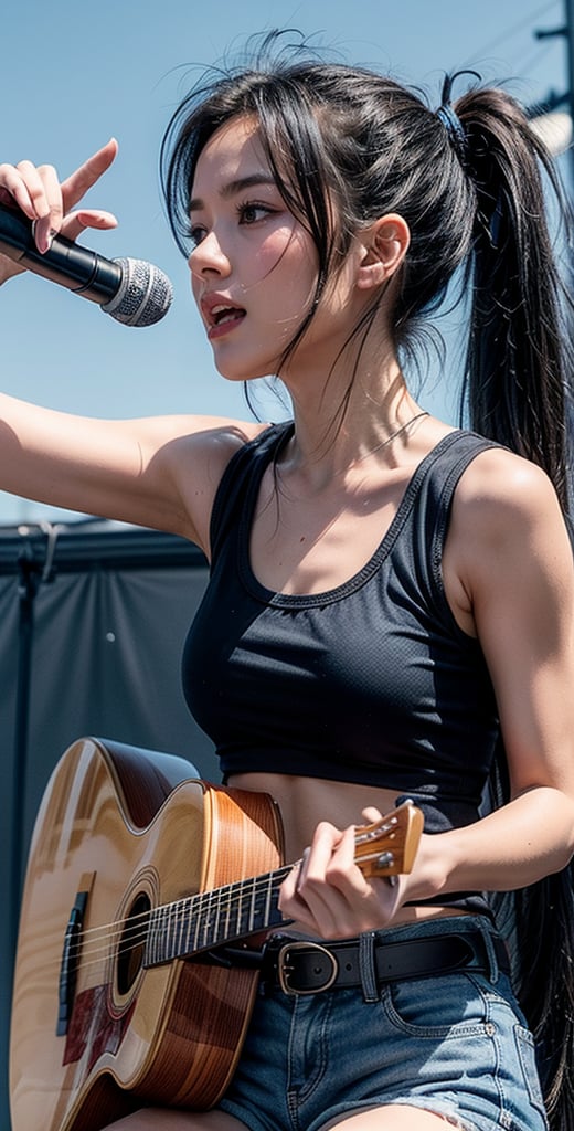 score_9, score_8_up, score_7_up, score_6_up, source_anime, 1girl, solo, mdk, black hair, long hair, ponytail, blue eyes, navy tank top, denim shorts, belt, stage, colorfull lighting, outdoor, playing guitar, singing, microphone stand, sweating,
