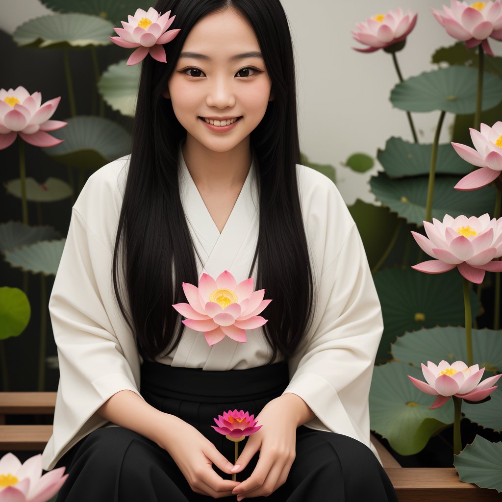 score_9,score_8_up, masterpiece, in the style of a hanafuda deck, a lovely Japanese girl (long black hair, smiling, elegant) holding a lotus flower in her lap, Japanese Hanafuda background.
