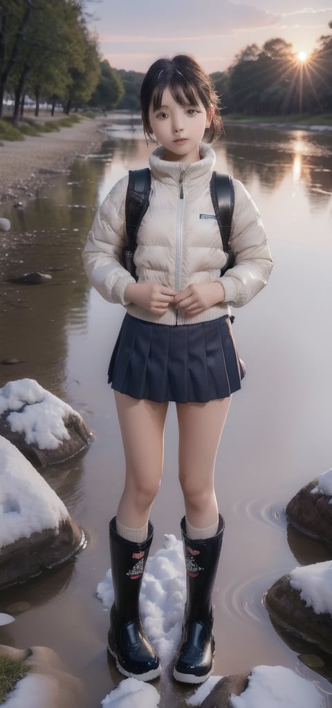 主：(((Outdoors by the creek at sunset))), 人：1 korean little girl,Pure and restrained little girl,(((little girl of elementary school age))),A little girl of primary school age,(((Adorable toddler))), 優：(masterpiece, highest quality, extreme detailed, best quality, official art, beautiful and aesthetic:1.2), extreme detailed,(Dream by WOMBO art:1.3),colorful,highest detailed,(Top beauty in pictorial shooting), 體：(little girl's body), (beautiful body proportions),(little girl's body), (little girl's figure),The most beautiful body proportions, 髮：(((bangs))), (((very short short hair))), 服：(Student uniform), (mini pleated skirt),(black compression tights), (((snow boots))),
,realistic