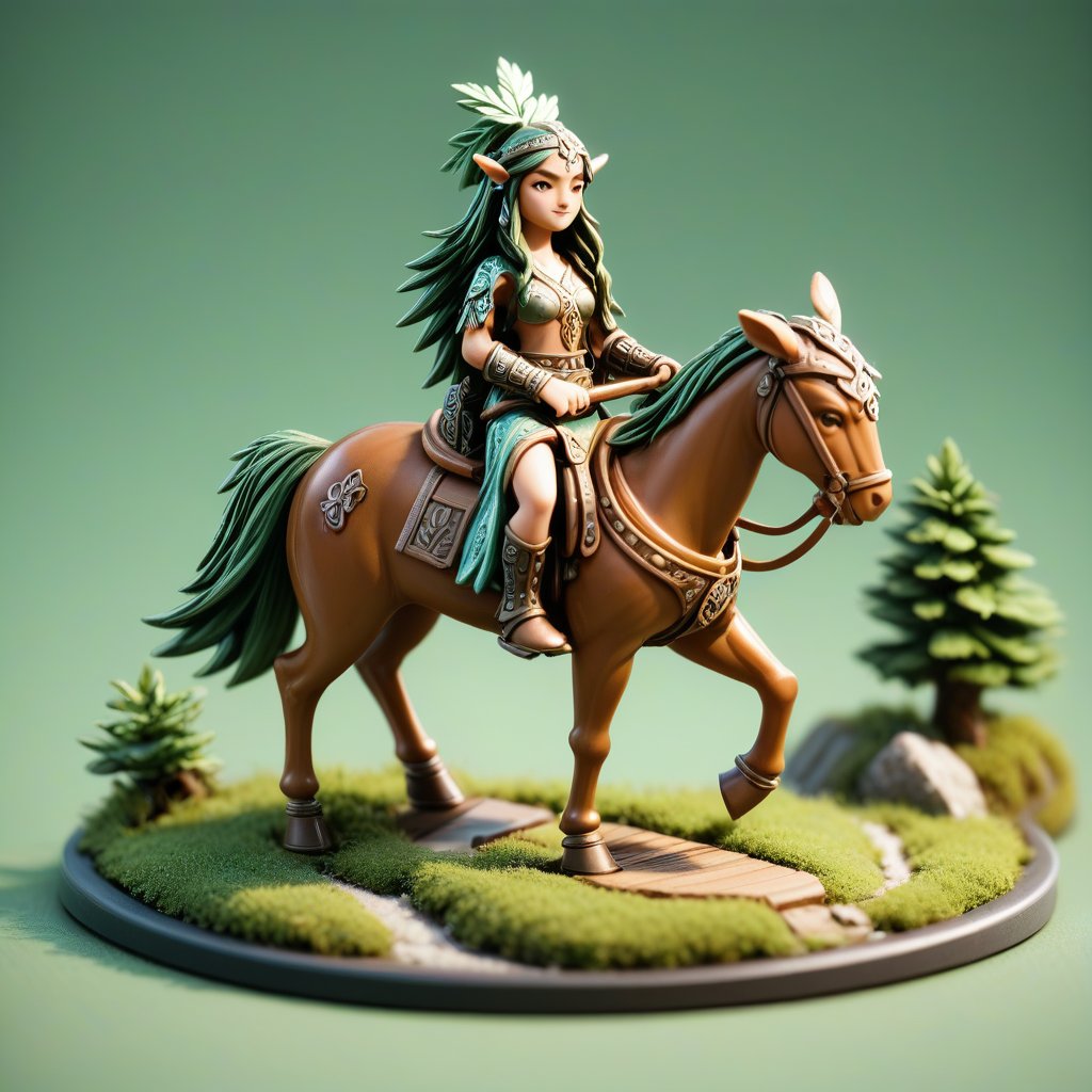 A druidic maiden on horseback, isometric, miniature, tilt shift, Th3Dru1d5