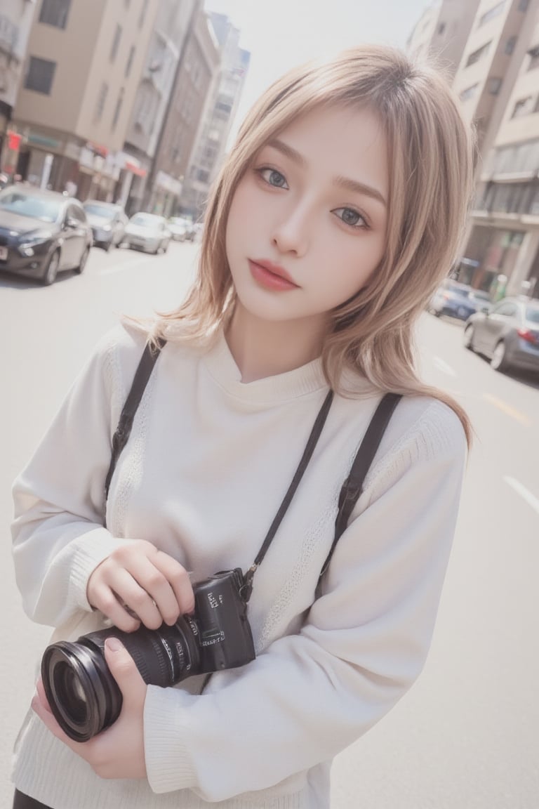 An animated image of a girl with long blonde hair and blue eyes. She is wearing a white long-sleeved shirt with a black strap over her shoulders. The girl is holding a black camera in her hands. The camera has a black lens and a white label on the front of it that says "Canola". She is standing on a city street with buildings in the background.
