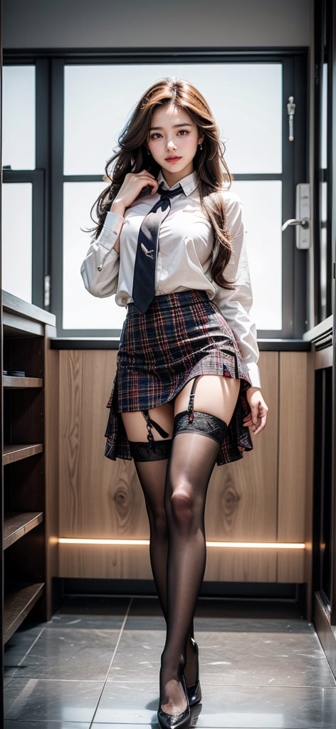 Generate hyper realistic image of a woman with long, flowing brown hair, wearing a charming plaid skirt and a shirt paired with white thigh-highs. She sports a radiant smile, exuding confidence in her sexy bunny uniform, complete with a necktie and high heels.
