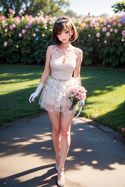 full body shot,Masterpiece, Simple Background, (((Flowers in Background: 1.7))), 1girl, antenna_hair, , bangs, brown_hair, crown, dress, eyebrows_visible_through_hair, gloves, green_eyes, short_hair, sleeveless, smile, standing, white_dress, white_gloves ,perfect light,Beauty,kinomoto sakura
