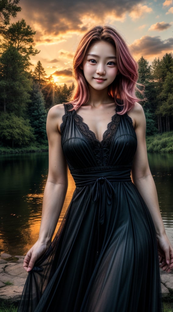 Best work, (Best quality, ,HDR, 8k, 32k, raw photo, photorealistic, UHD:1.2), beautiful 20 year old girl in long black dress at the lakeside in a forest, eyes, pink hair, detailed face, perfect face, pond, dark sky, lights in the background, realism, red sky, detailed sky, realistic clouds, sun, bright environment, late afternoon, sun rays in the clouds
