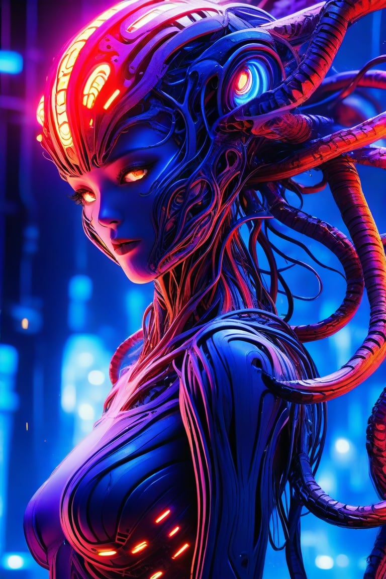 Concept Art: 'Neon Nova' - A futuristic AI superstar with a humanoid alien form, encased in intricate circuitry frames. The brain-like module glows bright blue, surrounded by red fiery Lovecraftian tentacles. In sharp focus, the 8K digital painting showcases smooth, elegant curves. Marvel Studios-inspired artwork, reminiscent of League of Legends concept art. Wlop!