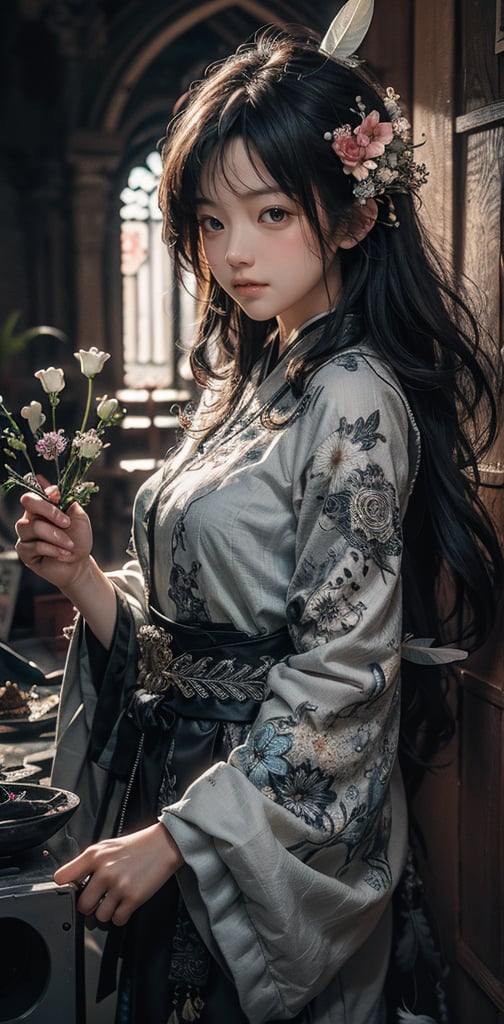 cute korean large-eyed girl, long wavy hair, slender face, (flowers:1.3),highest detailed,(zentangle:1.2),(many colors:1.4), (feathers:1.4), masterpiece, best Quality, Tyndall effect, good composition, highly details, warm soft light, three-dimensional lighting, volume lighting, Film lighting, cinematic lighting, ,davincitech,scifi
