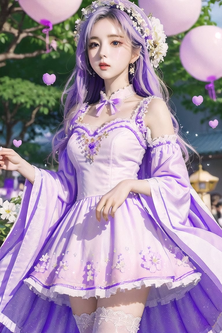((((1girl, bright white hair, long hair, purple eyes, pale skin, soft skin, lolita dress, white dress, short dress, white thigh stockings, small breasts, rainbow, hearts, pastel, crystals, halo, colorful, pink, purple, blue, doll))) ((lots of dolls)) ((background, outside, sakura trees, colorful flowers, hyacinths flowers, busy, festival in japan, lanterns)) ((light atmosphere, stars, moon)) ((filled with people in background shopping and buying food at stalls)) ((candy in hand)) (fluffy, soft, light, bright, sparkles, twinkle, cute, pink, purple, blue, clouds, pastel, light colors, glitter, happy, normal pupil) best quality, masterpiece, Detailedface, high_res 8K, candyland, full background, candy, sweets, balloon, dessert, pastry, confetti, cotton candy

