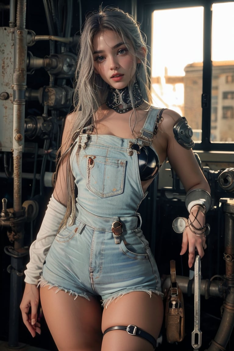 masterpiece, 8k, best quality, intricate details, depth field, 1girl, 20 years old, asian cyborg woman, mechanic, tools, tool belt, charming eyes, bodypunk, (short silver hair), small breasts, gleaming skin, teasing smile, (sexy overalls), factory, (looking at viewer:1.2), industrial factory interior, industrial machinery, large machines, light streaming from very high windows, dusty dirty floor, realistic shadows, cinematic view,covered_nipples,no_bra,
