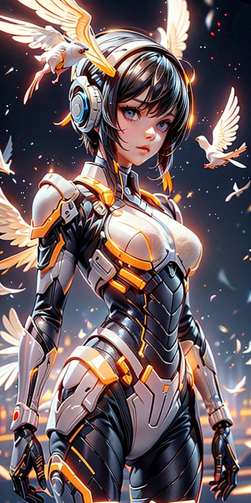 The artwork is a photorealistic digital illustration possibly by a contemporary artist. The composition features a female cyborg in a detailed white and gold exoskeleton suit with visible mechanical parts. The subject stands gracefully amidst a dynamic space background, highlighted by metallic halo-like structures, and surrounded by white doves in mid-flight, symbolizing peace and purity. The cyborg’s skin is seamlessly integrated with the mechanical components, creating a striking blend of human and machine. The detailing of the cyborg's intricate mechanical parts contrasts with the softness of the doves, set against a dark, starry backdrop dotted with planets, imparting a futuristic yet harmonious ambiance.