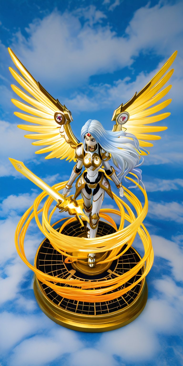 A radiant female warrior with large, glowing wings made of ethereal light, wearing a silver and gold armored bodysuit intricately detailed with celestial patterns. Her long, flowing hair shimmers in hues of white and gold. She wields a glowing sword infused with divine energy, surrounded by swirling golden magic. The background features a grand heavenly temple with glowing light beams piercing through the clouds, capturing the scene in a high-angle, dynamic composition with soft, radiant lighting.
