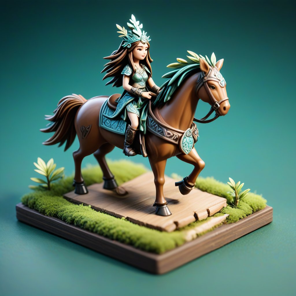 A druidic maiden on horseback, isometric, miniature, tilt shift, Th3Dru1d5