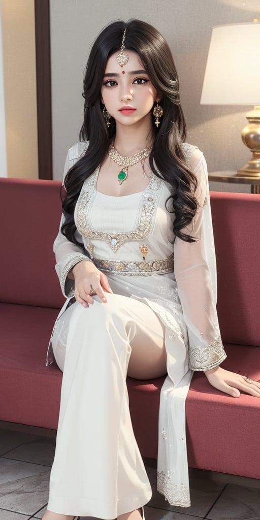 beautiful cute young attractive girl indian, teenage girl, village girl,18 year old,cute, instagram model,long black hair . Imagine a Pakistani woman wearing a stunning white shalwar kameez, reclining gracefully in a lavish hotel lobby, her confidence evident in her posture, her chest subtly accentuated, adorned with intricate jewelry and elegant earrings, 3D rendering, focusing on lifelike textures and lighting effects, --ar 16:9 --v 5