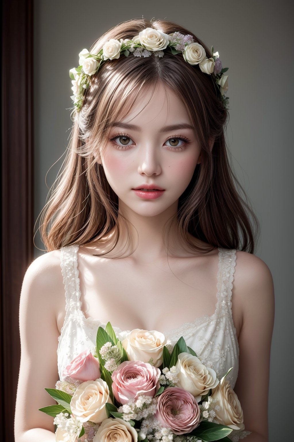 (masterpiece, high resolution, illustration, detailed:1.3), (elegant female florist:1.2) with (long, curly brown hair:1.1) and (delicate flower crown:1.2), wearing a (vintage-inspired floral dress:1.2) with (intricate lace details:1.1), holding a (beautifully arranged bouquet:1.4) with (exquisite flowers:1.2), romantic atmosphere, gentle emotion, whimsical tone, low intensity, inspired by vintage fashion and floral art, soft aesthetic, pastel color palette with (soft pink accents:1.1), peaceful mood, soft natural lighting, close-up shot, looking directly at the viewer with a sense of serenity, surrounded by (floral arrangements:1.2) and (antique vases:1.1), focal point on the florist's face, highly realistic fabric texture, atmospheric mist effect, high image complexity, detailed environment, subtle movement of the florist's hands, soothing energy.