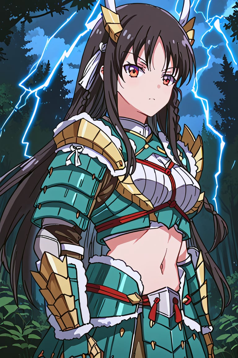 score_9, score_8_up, score_7_up, source_anime, 1girl, solo, suzune horikita, braid, long hair, black hair, Zinogre armor, cyan gauntlets, night, forest, lightning