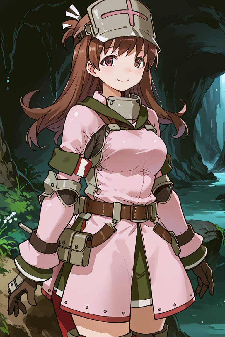 score_9, score_8_up, score_7_up, source_anime, 1girl, solo, ooi, long hair, brown hair, brown eyes, ooi (kancolle), khezu armor, pink helmet, pink gauntlets, pink knee boots, pink breastplate, pink armor skirt, smile, inside, dark cave