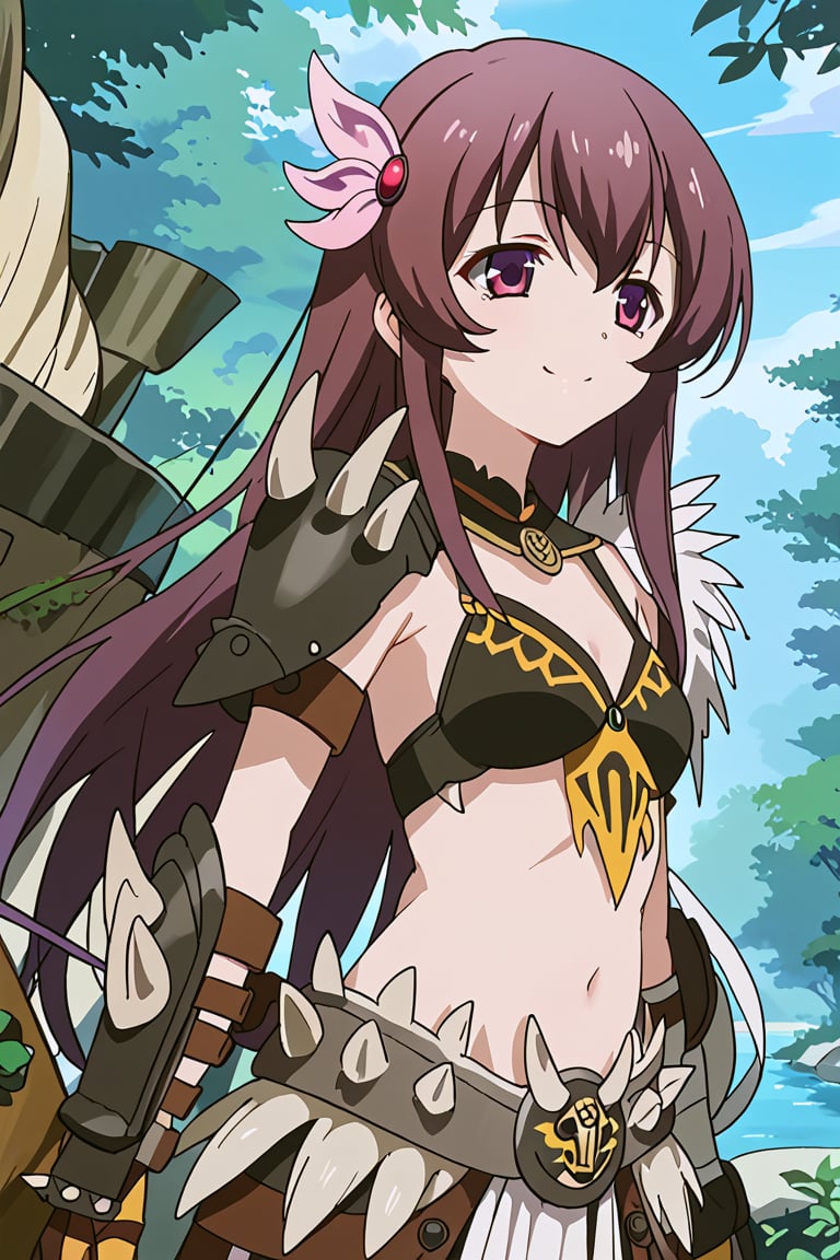 score_9, score_8_up, score_7_up, source_anime, 1girl, solo, kisaragi, long hair, brown hair, hair ornament, brown eyes, purple eyes, kisaragi (kancolle), cute, kawaii, smile, nergigante armor, spikes shoulder armor, black bikini armor, black armored skirt, black gauntlets, white spikes, standing, outside, fantasy, forest