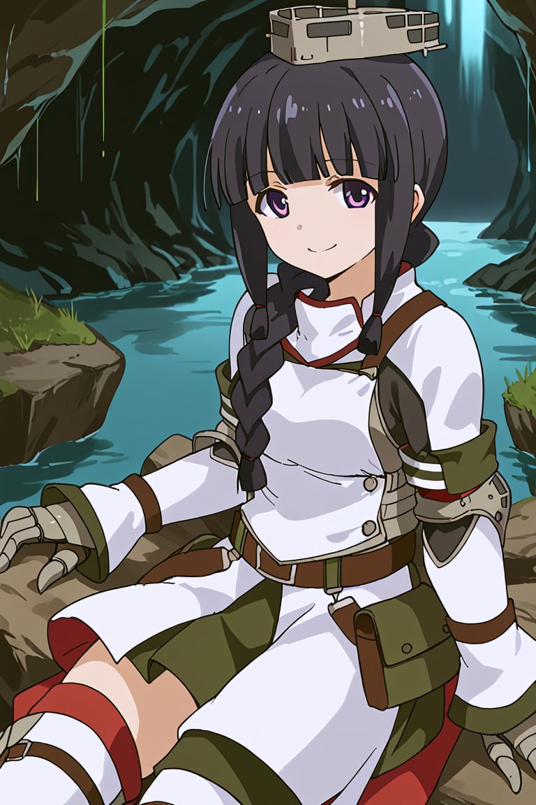 score_9, score_8_up, score_7_up, source_anime, 1girl, solo, kitakami, long hair, bangs, black hair, purple eyes, braid, blunt bangs, single braid, hair over shoulder, kitakami (kancolle), khezu armor, white gauntlets, white knee boots, white breastplate, white armor skirt, smile, inside, cave, sit