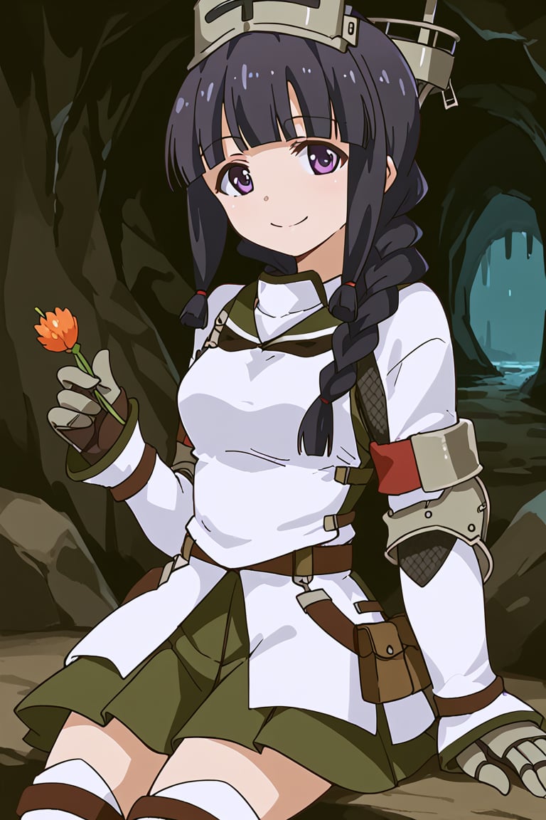 score_9, score_8_up, score_7_up, source_anime, 1girl, solo, kitakami, long hair, bangs, black hair, purple eyes, braid, blunt bangs, single braid, hair over shoulder, kitakami (kancolle), khezu armor, white gauntlets, white knee boots, white breastplate, white armor skirt, smile, inside, cave, sit