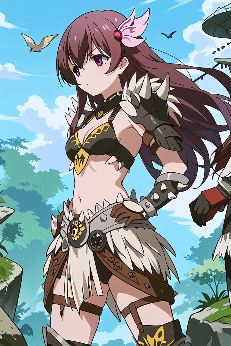 score_9, score_8_up, score_7_up, source_anime, 1girl, solo, kisaragi, long hair, brown hair, hair ornament, brown eyes, purple eyes, kisaragi (kancolle), nergigante armor, spikes shoulder armor, black bikini armor, black knee boots, black armored skirt, black gauntlets, white spikes, standing, outside, fantasy