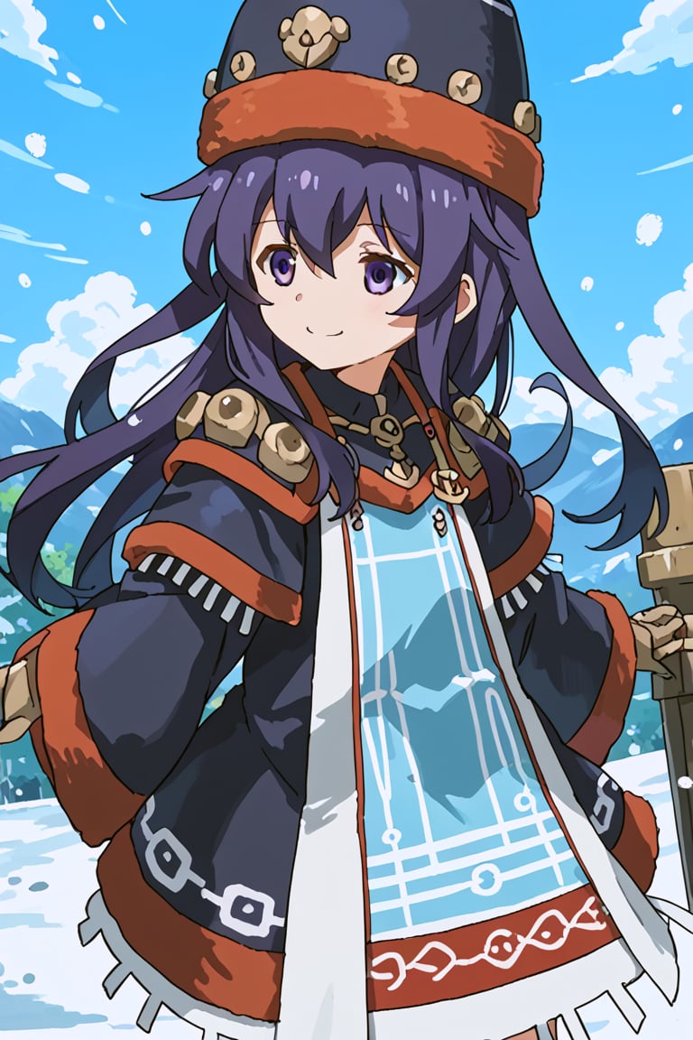 score_9, score_8_up, score_7_up, source_anime, 1girl, solo, akatsuki, long hair, hair between eyes, purple eyes, purple hair, akatsuki (kancolle), gammoth armor, blue headwear, blue hair tubes, blue coat, blue long sleeves, standing, smile, outside, snowing