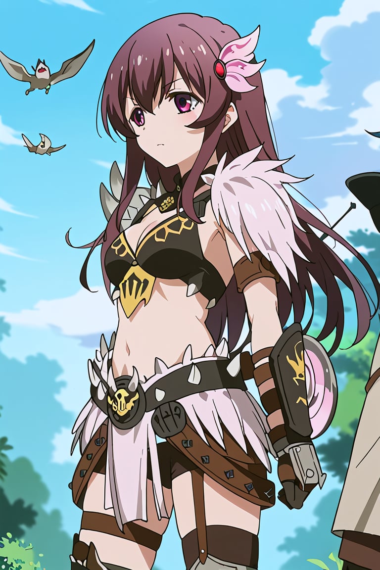 score_9, score_8_up, score_7_up, source_anime, 1girl, solo, kisaragi, long hair, brown hair, hair ornament, brown eyes, purple eyes, kisaragi (kancolle), nergigante armor, spikes shoulder armor, black bikini armor, black knee boots, black armored skirt, black gauntlets, white spikes, standing, outside, fantasy