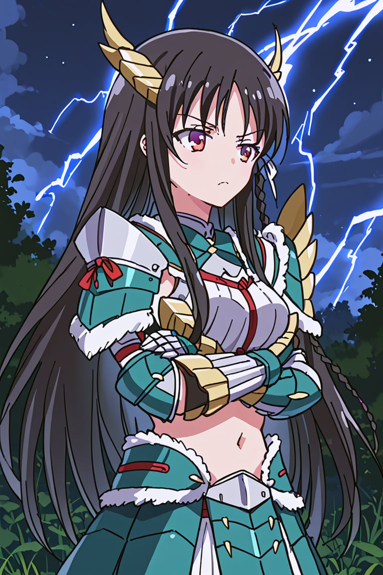 score_9, score_8_up, score_7_up, source_anime, 1girl, solo, suzune horikita, braid, long hair, black hair, Zinogre armor, cyan gauntlets, night, outside, school, lightning, crossed arms