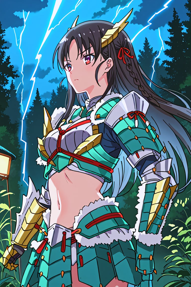 score_9, score_8_up, score_7_up, source_anime, 1girl, solo, suzune horikita, braid, long hair, black hair, Zinogre armor, cyan gauntlets, cyan armor boots, night, forest, lightning