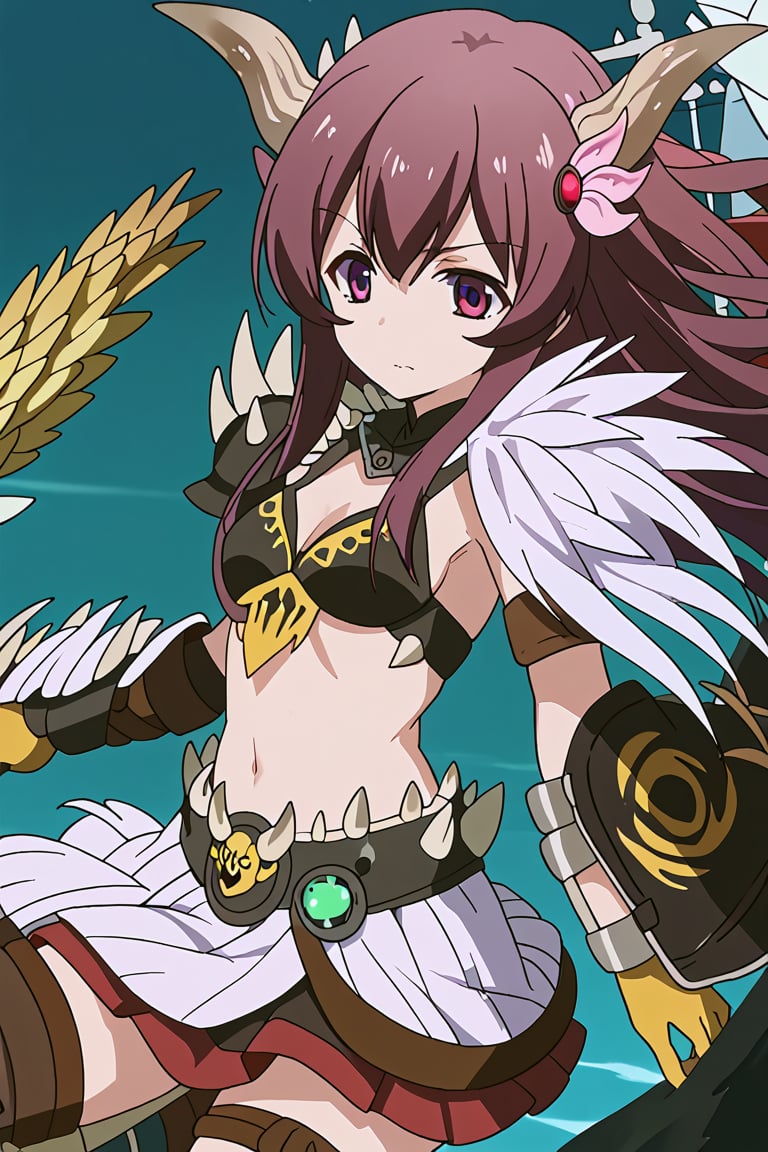 score_9, score_8_up, score_7_up, source_anime, 1girl, solo, kisaragi, long hair, brown hair, hair ornament, brown eyes, purple eyes, kisaragi (kancolle), nergigante armor, horn helmet, spikes shoulder armor, black bikini armor, black knee boots, black armored skirt, black gauntlets, white spikes