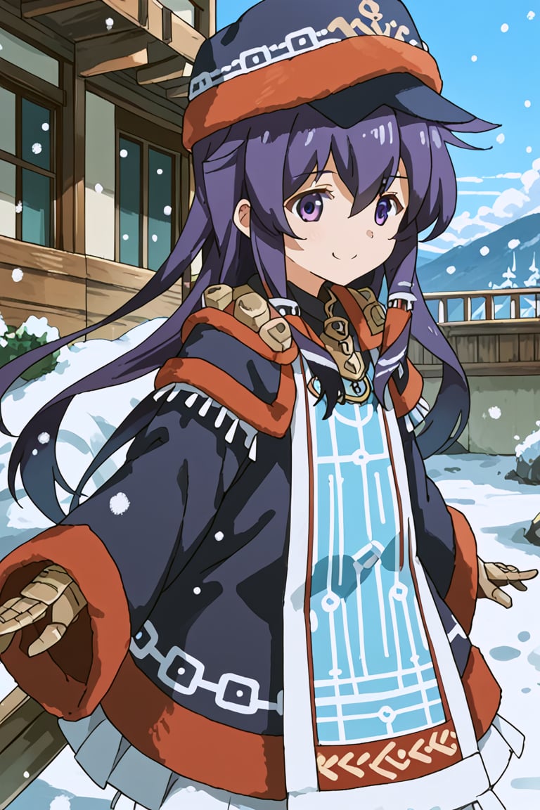 score_9, score_8_up, score_7_up, source_anime, 1girl, solo, akatsuki, long hair, hair between eyes, purple eyes, purple hair, akatsuki (kancolle), gammoth armor, blue headwear, blue hair tubes, blue coat, blue long sleeves, standing, smile, outside, snowing