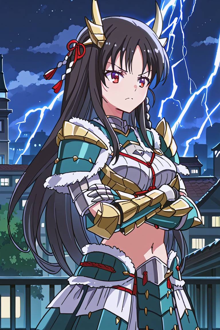 score_9, score_8_up, score_7_up, source_anime, 1girl, solo, suzune horikita, braid, long hair, black hair, Zinogre armor, cyan gauntlets, night, outside, city, lightning, crossed arms