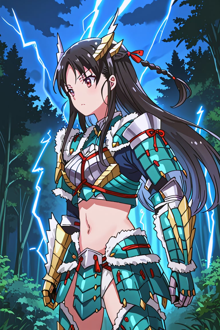 score_9, score_8_up, score_7_up, source_anime, 1girl, solo, suzune horikita, braid, long hair, black hair, Zinogre armor, cyan gauntlets, cyan armor boots, night, forest, lightning