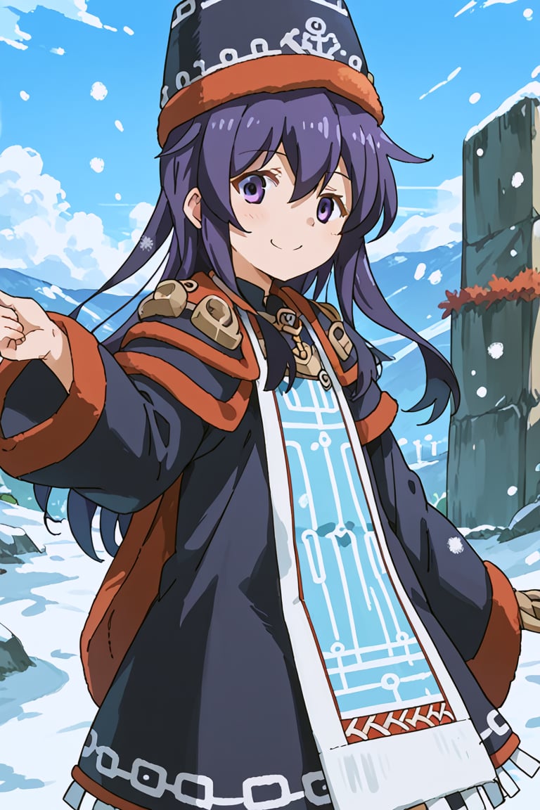 score_9, score_8_up, score_7_up, source_anime, 1girl, solo, akatsuki, long hair, hair between eyes, purple eyes, purple hair, akatsuki (kancolle), gammoth armor, blue headwear, blue hair tubes, blue coat, blue long sleeves, standing, smile, outside, snowing