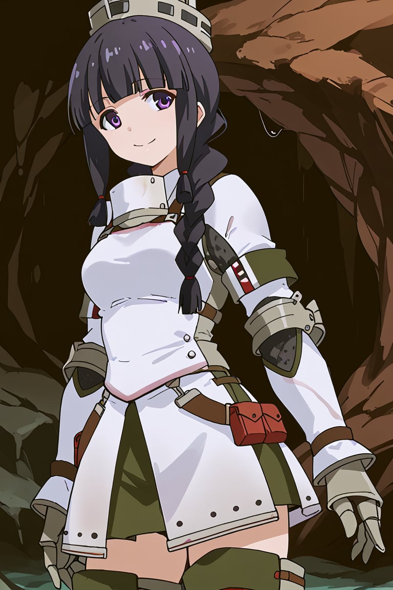 score_9, score_8_up, score_7_up, source_anime, 1girl, solo, kitakami, long hair, bangs, black hair, purple eyes, braid, blunt bangs, single braid, hair over shoulder, kitakami (kancolle), khezu armor, white gauntlets, white knee boots, white breastplate, white armor skirt, standing, smile, inside, cave