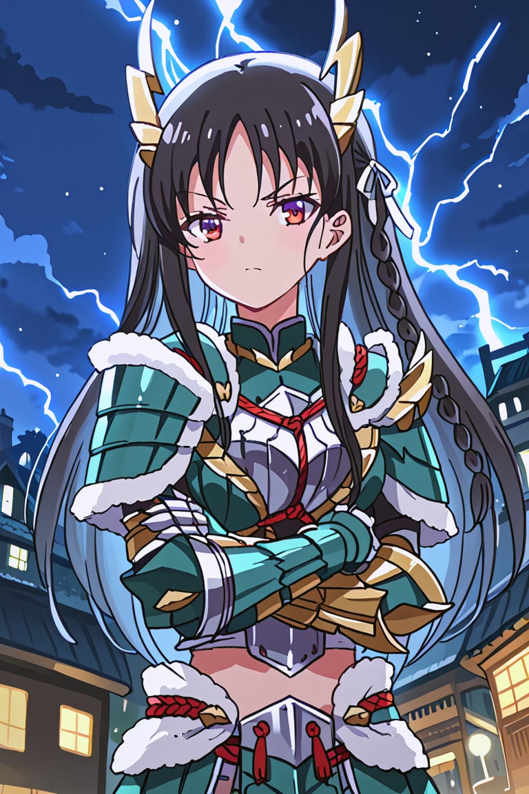 score_9, score_8_up, score_7_up, source_anime, 1girl, solo, suzune horikita, braid, long hair, black hair, Zinogre armor, cyan gauntlets, night, outside, city, lightning, crossed arms