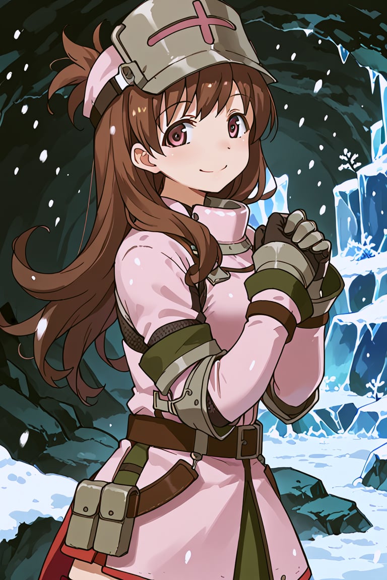 score_9, score_8_up, score_7_up, source_anime, 1girl, solo, ooi, long hair, brown hair, brown eyes, ooi (kancolle), khezu armor, pink helmet, pink gauntlets, pink breastplate, pink armor skirt, smile, along, inside, cave, snowing, ice