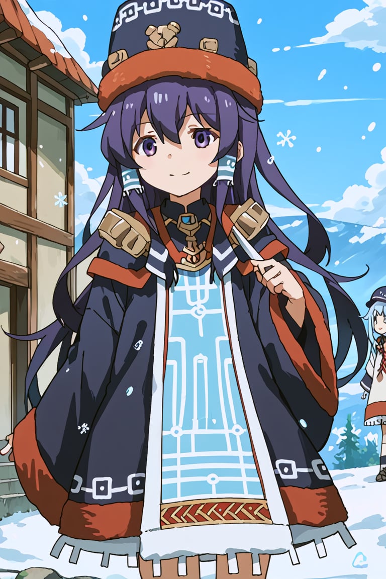 score_9, score_8_up, score_7_up, source_anime, 1girl, solo, akatsuki, long hair, hair between eyes, purple eyes, purple hair, akatsuki (kancolle), gammoth armor, blue headwear, blue hair tubes, blue coat, blue long sleeves, standing, smile, outside, snowing