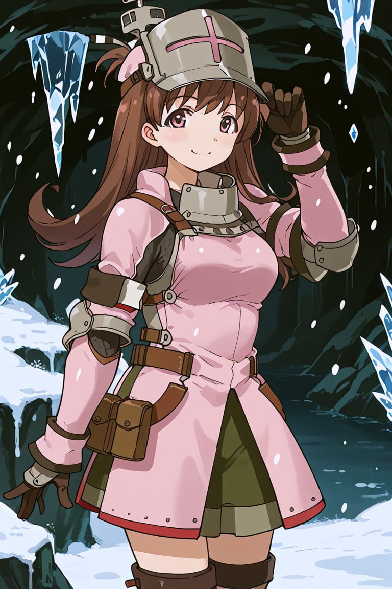 score_9, score_8_up, score_7_up, source_anime, 1girl, solo, ooi, long hair, brown hair, brown eyes, ooi (kancolle), khezu armor, pink helmet, pink gauntlets, pink knee boots, pink breastplate, pink armor skirt, smile, along, inside, cave, snowing, ice