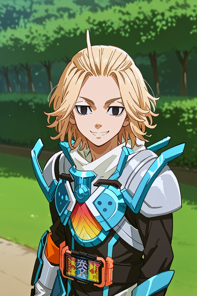 score_9, score_8_up, score_7_up, source_anime, 1boy, solo, blonde hair, manjirou_sano, black eyes, medium hair, empty eyes, kamenridergotchard, blue armor, gloves, outside, smile, hand_on_hip