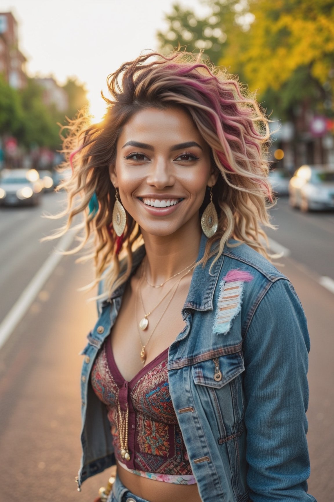 Close up portrait shot of a bohemian girl walking towards viewer, ((smiling teeth showing)), ((messy colorful hair)), bangs, jean jacket, cropped tshirt, tasteful jewelry, soft evening light, city road lined with cherry trees, high quality photograph