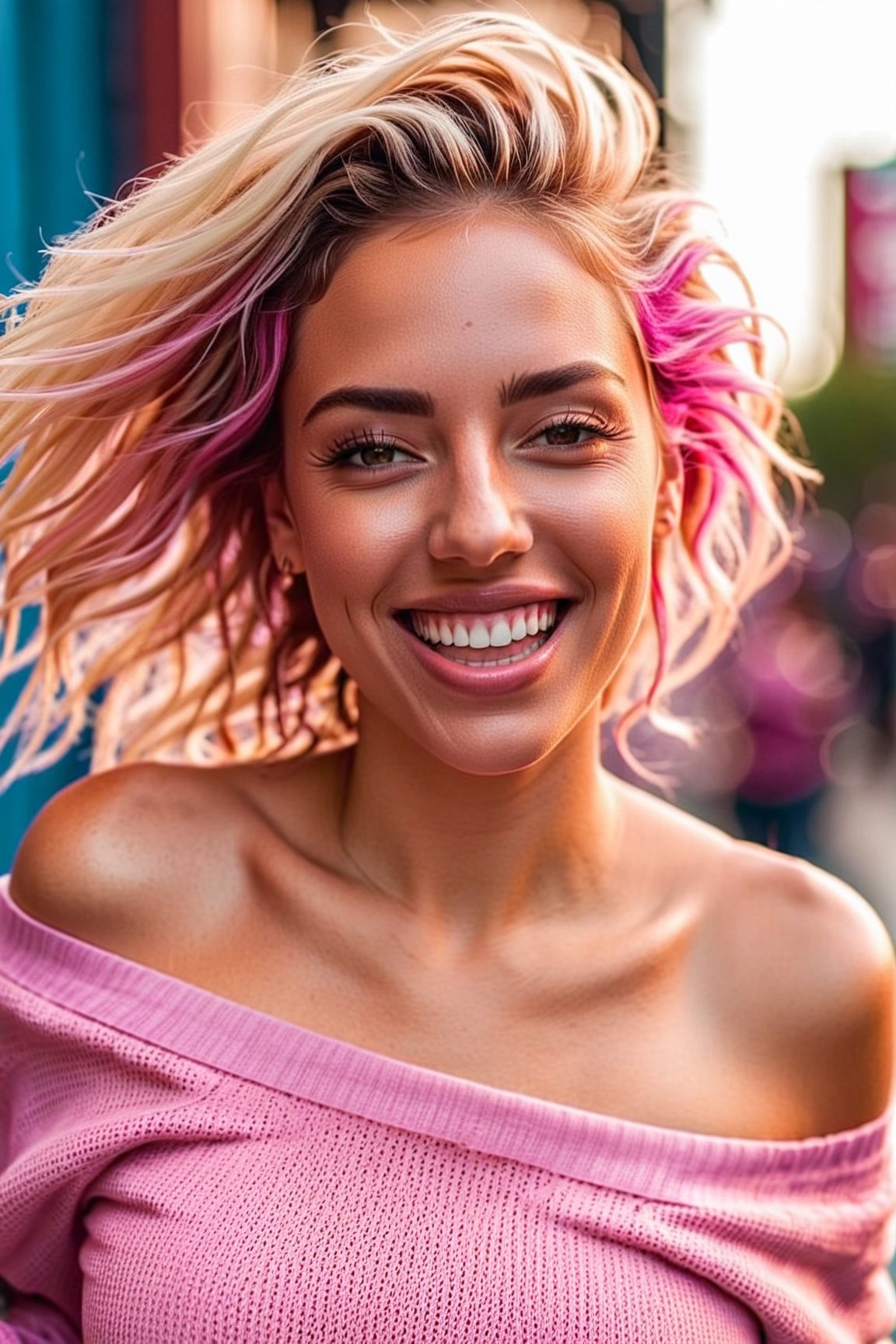 Hyper realistic, ultra detailed photograph of a woman with messy blond lang hair (pink highlights) wearing an off shoulder slim sweter, laughing out loud and dancing, sunlight fractal details, depth of field, detailed gorgeous face, natural body posture, captured with a 85mm lens, f4. 6, bokeh, ultra detailed, ultra accurate detailed, bokeh lighting, surrealism, urban settin, ultra unreal engine, intricate, epic, freckles