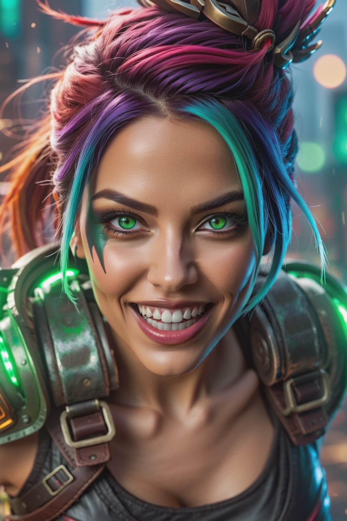 Close up portrait shot of a  seductive female League of legends Jinx character fighting at war, raging, crazy smile, crazy eyes, rocket lancher, guns, crazy face expression, character design, intense green aura around her, body dynamic epic action pose, intricate, highly detailed, epic and dynamic composition, dynamic angle, intricate details, multicolor explosion, blur effect, sharp focus, uhd, hdr, colorful shot, stormy weather, tons of flying debris around her, dark city background, modifier, photographic filter, real photography