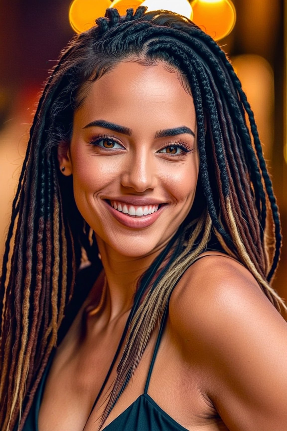 Close up portrait shot of a gorgeous sexy female, nice big smile, sexy pose, higly detailed art (Renaissence style), close up selfie portrait, sepia ink, a gorgeous woman, dark dreadlocks, perfect body, flirting, kinky, attractive, portrait, looking at viewer, portrait, photography, detailed skin, realistic, photo-realistic, 8k, highly detailed, full length frame, High detail RAW color art, diffused soft lighting, shallow depth of field, sharp focus, hyperrealism, cinematic lighting, cinematic, dramatic lighting, studio Portrait Lighting, {background is night city of london},