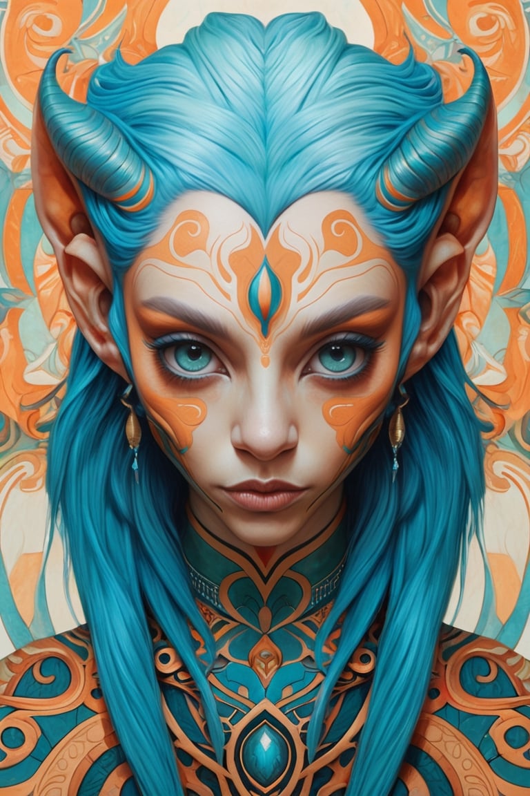 alien with blue hair by theo el, in the style of balanced symmetry, light orange and cyan, detailed facial features, manticore, organic forms, muted tones, meticulous portraiture, complex patterns