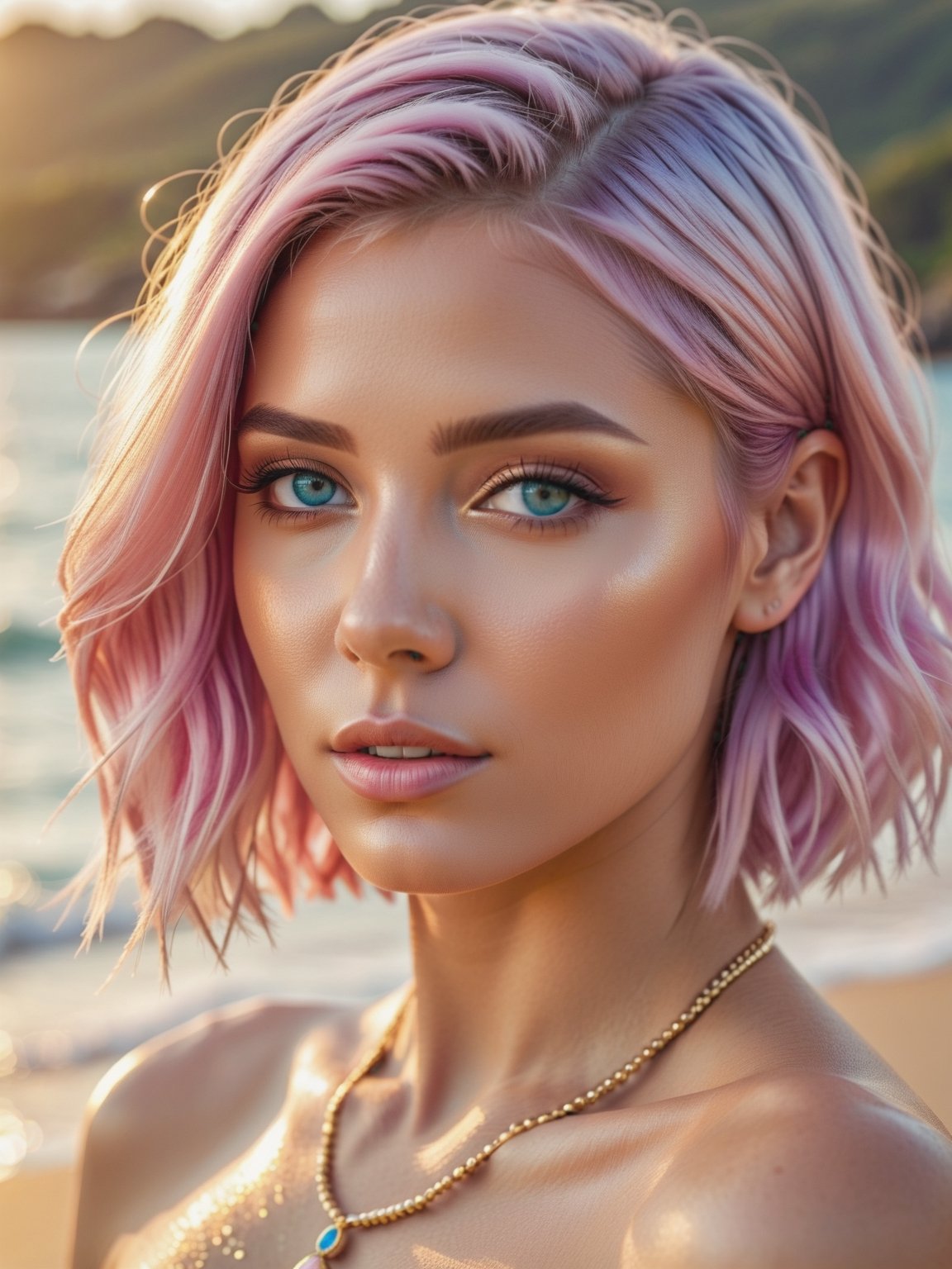 perfect smooth skin texture, fashion photography portrait of cute girl with iridescent pink hair, Blue eyes, on lush beach, gold bikini, 3d render, 35mm, bokeh, (intricate details, hyperdetailed), detailed, sunlight passing through hair, Film Grain, 16k, UHD, HDR,