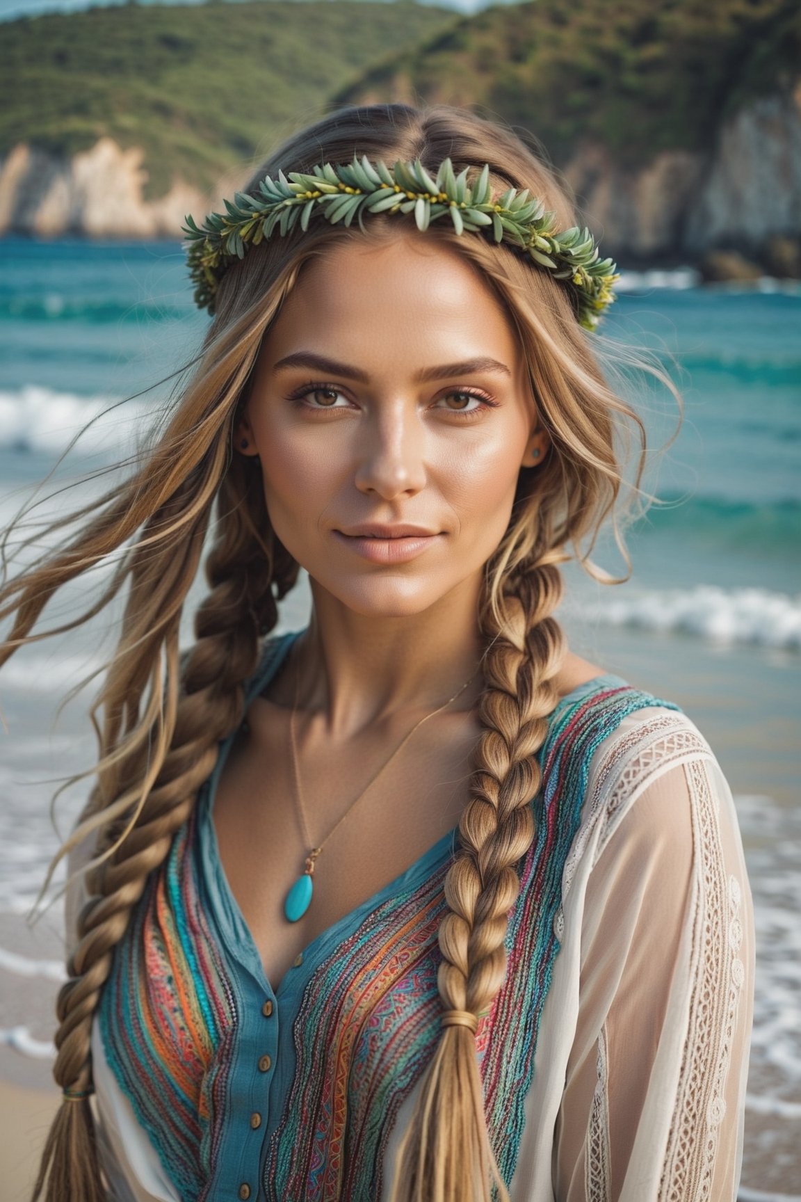 A hippie woman with beautifully braided hair. naturally cute. portrait photo by the sea, dynamic pose, intense gaze, joyful expression. soft natural lighting