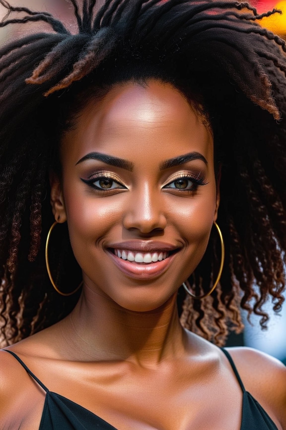 An exquisite close up portrait of an African sexy woman with deep ebony skin and a realistic afro hair. Her beauty is astounding. Her eyes tell her whole story. Nice big smile, sexy pose, higly detailed art (Renaissence style), close up selfie portrait, sepia ink, a gorgeous woman, dark dreadlocks, perfect body, flirting, kinky, attractive, portrait, looking at viewer, portrait, photography, detailed skin, realistic, photo-realistic, 8k, highly detailed, full length frame, High detail RAW color art, diffused soft lighting, shallow depth of field, sharp focus, hyperrealism, cinematic lighting, cinematic, dramatic lighting, studio Portrait Lighting, {background is night city of london},