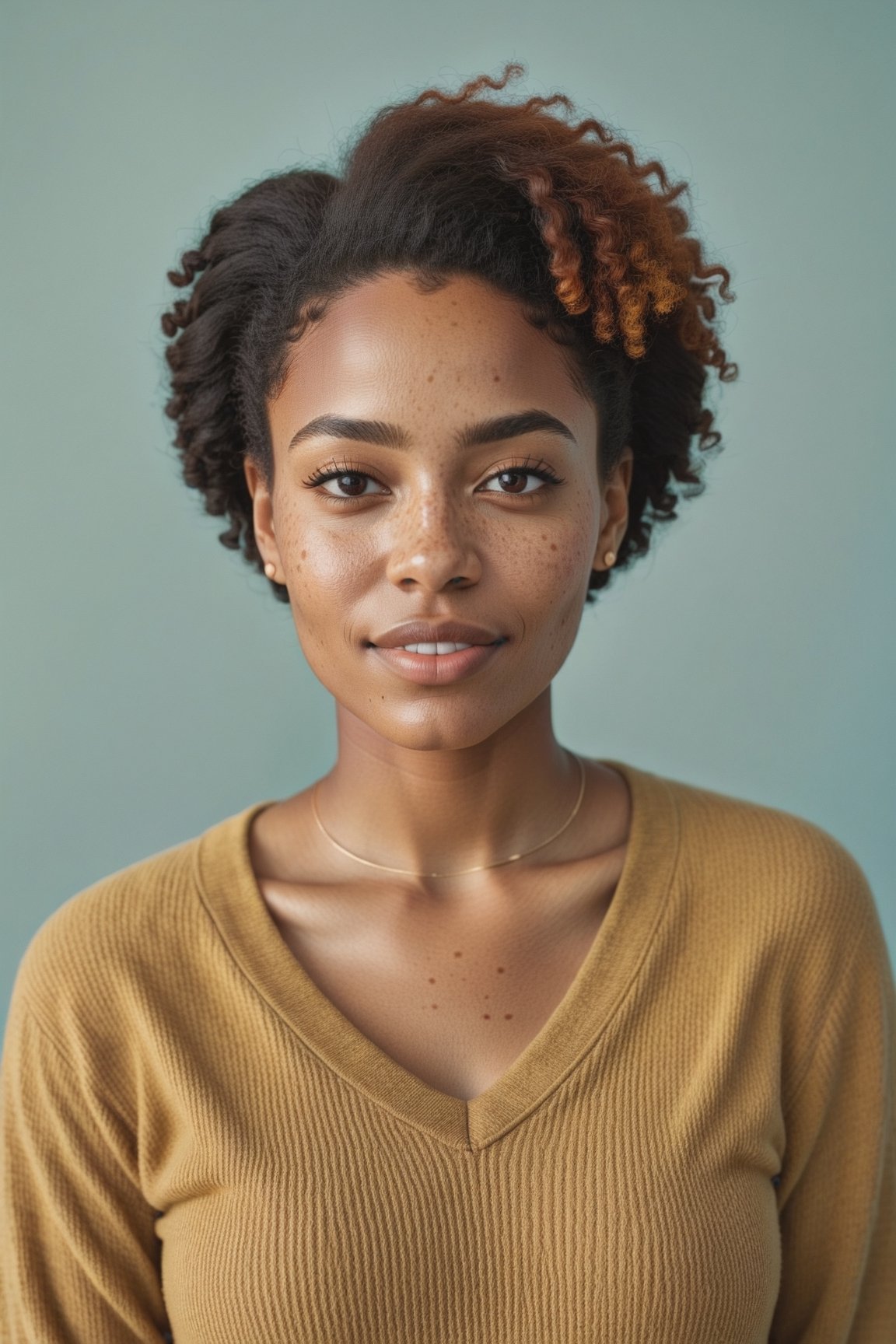Black young woman with freckles, in the style of a stock photo, smart casual, diverse, relatable personality, cheerful muted color palette with texture, flickr, provia, minimal retouching, the helsinki school