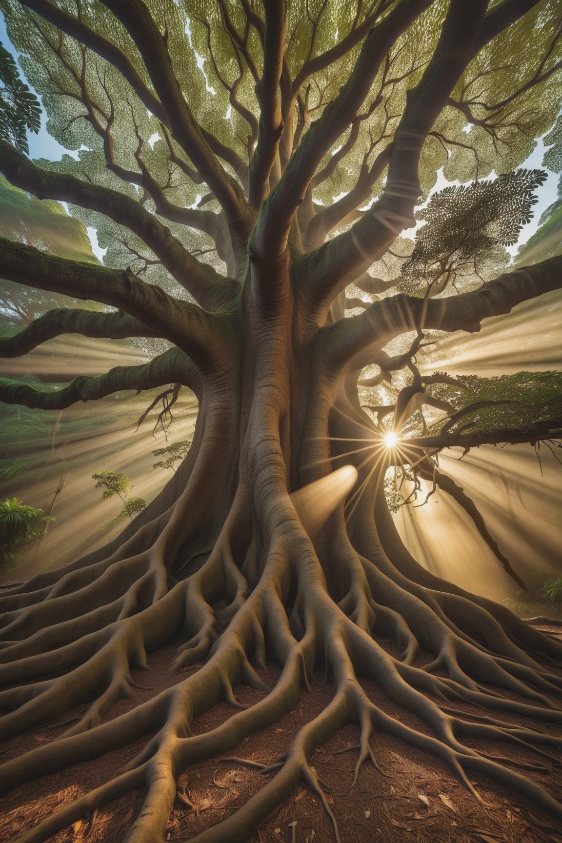 a sun is shining through a tall root of a tree, in the style of large format lens, tropical baroque, light indigo and light bronze, wide angle lens, joyful chaos, bold yet graceful, indigenous culture
