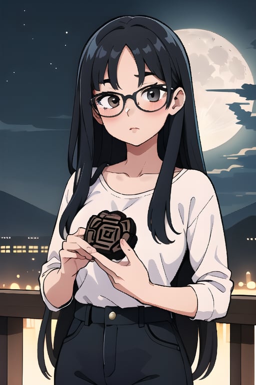 A girl with long black hair and glasses is holding a mooncake, with a full moon night in the background.