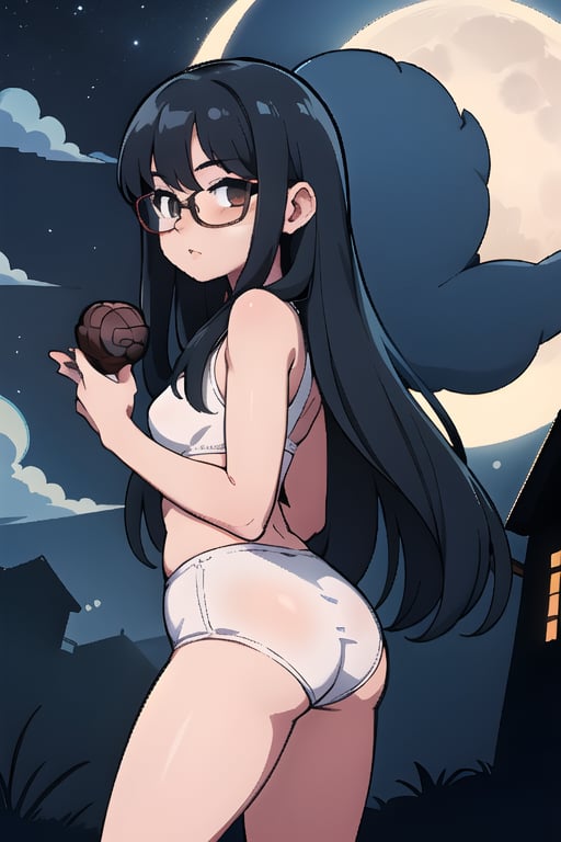 A girl with long black hair and glasses is holding a mooncake, with a full moon night in the background.